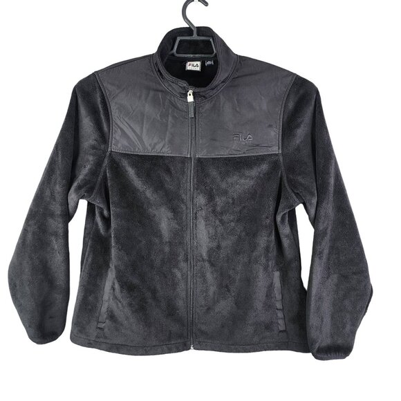 Womens Black Fila Sport Fleece Plush Jacket Full Zip Mock Neck Polyester XL - Picture 1 of 12